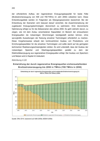 204


der   erforderliche   Aufbau    der   regenerativen     Erzeugungskapazität   für   beide   Fälle
(Bruttostromerzeugung von 509 und 700 TWh/a im Jahr 2050) vollziehen kann. Diese
Entwicklungspfade werden im Folgenden als Übergangsszenarien bezeichnet. Bei der
Entwicklung der Szenarien wird bewusst darauf verzichtet, die Zusammensetzung der
zugebauten Erzeugungstechnologien ökonomisch zu optimieren. Eine ökonomische
Optimierung erfolgt nur für die Zielszenarien des Jahres 2050. Es geht vielmehr darum, zu
zeigen, wie mit dem Zubau verschiedener Kapazitäten im Bereich der erneuerbaren
Energiequellen die notwendigen Strommengen bereitgestellt werden können, ohne
sprunghafte Ausweitungen der Nutzung einzelner Technologien erforderlich zu machen.
Diese Vorgehensweise erlaubt den kontinuierlichen Ausbau von Produktions- und
Errichtungskapazitäten für die einzelnen Technologien und sollte damit auf die geringsten
technischen Realisierungsschwierigkeiten stoßen. Es wird unterstellt, dass der Ausbau der
notwendigen      Speicher      und    Übertragungskapazitäten      parallel   zu     dem     der
Elektrizitätserzeugung aus regenerativen Energiequellen erfolgt. Der Ausbau von Speichern
und Netzen wird in Kapitel 4.5 diskutiert.

Abbildung 4-22

 Entwicklung der durch regenerative Energiequellen sicherzustellenden
        Bruttostromerzeugung bis 2050 in TWh/a (700 TWh/a in 2050)




Quelle: SRU 2010, basierend auf UBA 2009a; BDEW 2008a
 