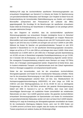 254


Abbildung 4-50 zeigt die durchschnittlichen spezifischen Stromerzeugungskosten aus
erneuerbaren Energieträgern aus Szenario 2.1.a inklusive der Kosten für Speichernutzung
und grenzüberschreitenden Netzausbau nach Norwegen. Zum Vergleich ist dieser Kurve die
Kostenentwicklung der konventionellen Elektrizitätserzeugung aus fossilen und nuklearen
Brennstoffen    (entsprechend      dem      Preisszenario A    der   Leitstudie    des   BMU)
gegenübergestellt. Die Grundlage für die Berechnungen der spezifischen erneuerbaren
Kosten bildet die Entwicklung der Gesamtkosten in Abhängigkeit von der jeweiligen jährlich
erzeugten elektrischen Energie.

Aus     dem    Diagramm    ist    ersichtlich,   dass   die   durchschnittlichen   spezifischen
Stromerzeugungskosten aus erneuerbaren Energien (dunkelgrüne Kurve) im Zeitverlauf
aufgrund der Technologieentwicklung und der Unabhängigkeit von knappen Ressourcen
(Brennstoffen) nach einem anfänglichen Anstieg ab dem Jahr 2017 kontinuierlich sinken. Sie
liegen im Jahr 2012 bei circa 12 ct/kWh und verringern sich auf circa 7 ct/kWh im Jahr 2050.
Während die Kosten für Speicher und grenzüberschreitenden Transport im Jahr 2010
(Speicher in Deutschland) nur 3 % der spezifischen Stromerzeugungskosten verursachen,
steigen sie auf bis zu 27 % im Jahr 2050 an und betragen dann etwa 2 ct/kWh. Hinter einem
Kostenanteil von 2 ct/kWh steht im Jahr 2050 eine in Norwegen genutzte Speicherleistung
von 42 GW und eine in Deutschland eingesetzte Druckluftspeicherleistung von gut 18 GW,
die in kürzester Zeit als Erzeugungs- und als Speicherleistung abgerufen werden können.
Die norwegische Pumpspeicherleistung entspricht einem Reimport von knapp 123 TWh/a
Strom, die in Norwegen zwischengespeichert werden. Eingerechnet ist hierbei ferner, dass
im Ausland entstehende Transport- und Speicherverluste durch den Zukauf regenerativen
Stroms in Norwegen ausgeglichen und entsprechend bezahlt werden.

Weder    bei   den   konventionellen,     noch   bei    den   erneuerbaren   durchschnittlichen
Stromgestehungskosten sind Kosten für den innerdeutschen Netzausbau enthalten. Würde
man für die erneuerbare Stromversorgung im Jahr 2050 einen zusätzlichen Netzausbau in
Form von Übertragungstrassen zwischen Nord- und Süd-, bzw. Westdeutschland mit
Hochspannungsgleichstromübertragung (HGÜ/HVDC) mit einer Länge von 3.000 bis
4.000 km und einer Übertragungsleistung von 30 bis 45 GW für eine zu übertragende
Energiemenge von 350 bis 500 TWh/a annehmen (die gesamte Windenergieerzeugung
beläuft sich 2050 im Szenario 2.1.a auf ca. 408 TWh/a), dann muss nach ersten
überschlägigen Berechnungen mit zusätzlichen Kosten (einschließlich der entstehenden
Netzverluste) von etwa 1 bis 2 ct/kWh gerechnet werden. Die gesamten durchschnittlichen
erneuerbaren Stromerzeugungskosten mit Speicherkosten und Kosten für innerdeutschen
und grenzüberschreitenden Netzausbau würden sich dann auf etwa 8 bis 9 ct/kWh belaufen.
Abbildung 4-51 zeigt die Entwicklung der Stromgestehungskosten einschließlich der Kosten
für die innerdeutsche Übertragung (hellgrüne Kurve), wenn man für 2050 Kosten von
1,5 ct/kWh annimmt und ferner davon ausgeht, dass der Ausbau der innerdeutschen HGÜ-
Trassen proportional zum weiteren Ausbau der Windenergie erfolgt.
 