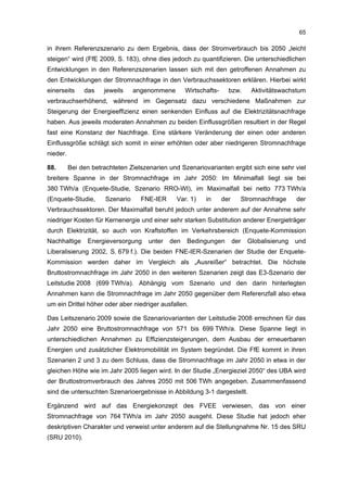65

in ihrem Referenzszenario zu dem Ergebnis, dass der Stromverbrauch bis 2050 „leicht
steigen“ wird (FfE 2009, S. 183), ohne dies jedoch zu quantifizieren. Die unterschiedlichen
Entwicklungen in den Referenzszenarien lassen sich mit den getroffenen Annahmen zu
den Entwicklungen der Stromnachfrage in den Verbrauchssektoren erklären. Hierbei wirkt
einerseits     das    jeweils     angenommene       Wirtschafts-     bzw.       Aktivitätswachstum
verbrauchserhöhend, während im Gegensatz dazu verschiedene Maßnahmen zur
Steigerung der Energieeffizienz einen senkenden Einfluss auf die Elektrizitätsnachfrage
haben. Aus jeweils moderaten Annahmen zu beiden Einflussgrößen resultiert in der Regel
fast eine Konstanz der Nachfrage. Eine stärkere Veränderung der einen oder anderen
Einflussgröße schlägt sich somit in einer erhöhten oder aber niedrigeren Stromnachfrage
nieder.

88.       Bei den betrachteten Zielszenarien und Szenariovarianten ergibt sich eine sehr viel
breitere Spanne in der Stromnachfrage im Jahr 2050: Im Minimalfall liegt sie bei
380 TWh/a (Enquete-Studie, Szenario RRO-WI), im Maximalfall bei netto 773 TWh/a
(Enquete-Studie,       Szenario     FNE-IER     Var. 1)    in      der     Stromnachfrage       der
Verbrauchssektoren. Der Maximalfall beruht jedoch unter anderem auf der Annahme sehr
niedriger Kosten für Kernenergie und einer sehr starken Substitution anderer Energieträger
durch Elektrizität, so auch von Kraftstoffen im Verkehrsbereich (Enquete-Kommission
Nachhaltige     Energieversorgung     unter   den   Bedingungen          der   Globalisierung   und
Liberalisierung 2002, S. 679 f.). Die beiden FNE-IER-Szenarien der Studie der Enquete-
Kommission werden daher im Vergleich als „Ausreißer“ betrachtet. Die höchste
Bruttostromnachfrage im Jahr 2050 in den weiteren Szenarien zeigt das E3-Szenario der
Leitstudie 2008 (699 TWh/a). Abhängig vom Szenario und den darin hinterlegten
Annahmen kann die Stromnachfrage im Jahr 2050 gegenüber dem Referenzfall also etwa
um ein Drittel höher oder aber niedriger ausfallen.

Das Leitszenario 2009 sowie die Szenariovarianten der Leitstudie 2008 errechnen für das
Jahr 2050 eine Bruttostromnachfrage von 571 bis 699 TWh/a. Diese Spanne liegt in
unterschiedlichen Annahmen zu Effizienzsteigerungen, dem Ausbau der erneuerbaren
Energien und zusätzlicher Elektromobilität im System begründet. Die FfE kommt in ihren
Szenarien 2 und 3 zu dem Schluss, dass die Stromnachfrage im Jahr 2050 in etwa in der
gleichen Höhe wie im Jahr 2005 liegen wird. In der Studie „Energieziel 2050“ des UBA wird
der Bruttostromverbrauch des Jahres 2050 mit 506 TWh angegeben. Zusammenfassend
sind die untersuchten Szenarioergebnisse in Abbildung 3-1 dargestellt.

Ergänzend wird auf das Energiekonzept des FVEE verwiesen, das von einer
Stromnachfrage von 764 TWh/a im Jahr 2050 ausgeht. Diese Studie hat jedoch eher
deskriptiven Charakter und verweist unter anderem auf die Stellungnahme Nr. 15 des SRU
(SRU 2010).
 