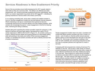 Services Readiness is New Enablement Priority
     Some of the top priorities around skills development for 2011 equally relate to                               Services Conflict/
     sales skills as they do to services skills. The ability to do effective pre-sales                        Rules of Engagement Clarity
     assessments and enhance post-sale professional services methodology were
     both in our vendor respondents‟ top priority list for 2010 and 2011, indicating the
     growing importance of service skills to the vendor community.                                                    2010                          2011
     In our ongoing consulting work, we‟ve seen a steady and notable increase in
     focus on services engagement models and services-tailored channel programs.
                                                                                                         57%                           23%
     What‟s interesting is we see an overall desire from partners to become                                                            unclear/
     increasingly autonomous for services delivery from their leading suppliers, while                   unclear
     vendors are increasingly focused on closer engagement in the form of sharing                                                      conflict
     tools, mentoring and doing co-delivery.
                                                                                                                           Figure 12
     Another data point supporting the solution providers‟ desire for autonomy is the
     decline of partners as purely sales agents, decreasing from nearly 70% of
     vendor responses in 2009 to 25% for 2011 (Figure 11). As vendors continue to            Vendor engagement models need to be clear, consistent and
     invest in sharing services assets and pushing partners for value-based selling          conflict free before solution providers will trust or invest in a
     while still working on the clarity and conflict of their services engagement            vendor. Lack of clarity or channel conflict around services
     models, it‟s inevitable that solution providers will want to delivery services free     delivery seems to have decreased from last year to this year
     of vendor involvement.                                                                  (Figure 12). We do see a lot of vendors investing in this
                                                                                             area, for both scalability and cost-saving measures but also
                                                                                             as a way to empower partners and urge them to invest in
                                                                                             services.

                                                                                             In keeping with that empowerment, sharing of services IP is
                                                                                             definitely on the rise. We‟ve seen a wide variety of vendors
                                                                                             actively packaging and sharing their services tools, scopes of
                                                                                             work, reference architectures and other intellectual property
                                                                                             in the last year. New programs to certify service providers
                                                                                             on delivery (and sales) skills for services are also popping up
                                                                                             left and right. This open sharing of IP begs the issue of
                                                                                             service delivery success metrics, for vendors to be able to
                                                                                             rationalize this enablement investment. We see metrics
                                                                                             more commonly now around customer satisfaction and
                                                                                             services quality, executed through surveys and audits.
                                        Figure 11

       Amazon Consulting 2011
Amazon Consulting 2011                                                                     5th Annual State of Partnering Study: Research Report                 9
 