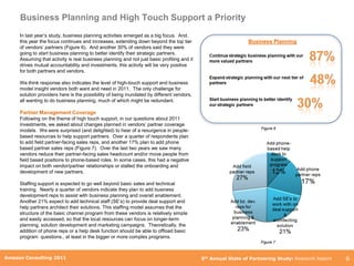 Business Planning and High Touch Support a Priority
     In last year‟s study, business planning activities emerged as a big focus. And,
     this year the focus continues and increases, extending down beyond the top tier                           Business Planning
     of vendors‟ partners (Figure 6). And another 30% of vendors said they were
     going to start business planning to better identify their strategic partners.
     Assuming that activity is real business planning and not just basic profiling and it
     drives mutual accountability and investments, this activity will be very positive
     for both partners and vendors.

     We think response also indicates the level of high-touch support and business
     model insight vendors both want and need in 2011. The only challenge for
     solution providers here is the possibility of being inundated by different vendors,
     all wanting to do business planning, much of which might be redundant.

     Partner Management Coverage
     Following on the theme of high touch support, in our questions about 2011
     investments, we asked about changes planned in vendors‟ partner coverage
                                                                                                                    Figure 6
     models. We were surprised (and delighted) to hear of a resurgence in people-
     based resources to help support partners. Over a quarter of respondents plan
     to add field partner-facing sales reps, and another 17% plan to add phone
     based partner sales reps (Figure 7). Over the last two years we saw many
     vendors reduce their partner-facing sales headcount and/or move people from
     field based positions to phone-based roles. In some cases, this had a negative
     impact on both vendor/partner relationships or stalled the onboarding and
     development of new partners.

     Staffing support is expected to go well beyond basic sales and technical
     training. Nearly a quarter of vendors indicate they plan to add business
     development reps to assist with business planning and overall enablement.
     Another 21% expect to add technical staff (SE‟s) to provide deal support and
     help partners architect their solutions. This staffing model assumes that the
     structure of the basic channel program from these vendors is relatively simple
     and easily accessed, so that the local resources can focus on longer-term
     planning, solution development and marketing campaigns. Theoretically, the
     addition of phone reps or a help desk function should be able to offload basic
     program questions., at least in the bigger or more complex programs.
                                                                                                                    Figure 7

        Amazon Consulting 2011
Amazon Consulting 2011                                                                      5th Annual State of Partnering Study: Research Report   6
 