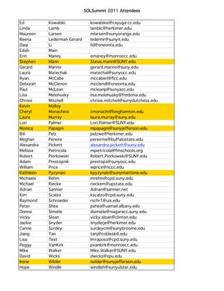 SOLSummit 2011 Attendees

Ed          Kowalski            kowalskie@cayuga-cc.edu
Linda       Lamb                lamblc@herkimer.edu
Maureen     Larsen              mlarsen@sunyorange.edu
Reena       Lederman Gerard     ledermr@sunyit.edu
Daqi        Li                  lid@oneonta.edu
Eilish      Main
Erin        Maney               emaney@monroecc.edu
Stephen     Mann                Steve.mann@SUNY.edu
Gerard      Marino              gerard.marino@suny.edu
Laura       Matechak            matechal@sunyocc.edu
Ryan        McCabe              mccaberl@ﬂcc.edu
Deborah     McClenon            mcclendl@oneonta.edu
Paul        McLean              mcleanp@sunyacc.edu
Lisa        Melohusky           lisa.melohusky@fredonia.edu
Chrisie     Mitchell            chrisie.mitchell@sunydutchess.edu
Kevin       Molloy
Cheryl      Monachino           cmonachi@binghamton.edu
Laura       Murray              laura.murray@suny.edu
Lori        Palmer              Lori.Palmer@SUNY.edu
Monica      Papagni             mpapagni@sunyjefferson.edu
Bill        Pelz                pelzwe@herkimer.edu
Meghan      Pereira             pereirme@buffalostate.edu
Alexandra   Pickett             alexandra.pickett@suny.edu
Melissa     Pietricola          mpietricola@fmschools.org
Robert      Piorkowski          Robert.Piorkowski@SUNY.edu
Adam        Prestopnik          prestopa@sunyocc.edu
William     Price               wprice@nccc.edu
Kathleen    Pyzynski            kpyzynski@sunymaritime.edu
Michaela    Rehm                mrehm@cpd.suny.edu
Michael     Riecke              rieckem@upstate.edu
Adrian      Sannier             Adrian@sannier.net
Kim         Scalzo              kscalzo@cpd.suny.edu
Raymond     Schroeder           rschr1@uis.edu
Peter       Shea                pshea@uamail.albany.edu
Donna       Simiele             dsimiele@niagaracc.suny.edu
Vicky       Sloan               vicky.sloan@clinton.edu
Jackie      Snyder              snyderje@herkimer.edu
Carine      Surdey              surdeycm@sunybroome.edu
Jiang       Tan                 tanj@cobleskill.edu
Lisa        Test                lmraposo@cpd.suny.edu
Peggy       VanKirk             pvankirk@monroecc.edu
Mike        Walker              Mike.Walker@SUNY.edu
David       Wicks               dwicks@spu.edu
Irene       Wilder              iwilder@sunyjefferson.edu
Hope        Windle              windleh@sunyulster.edu
 
