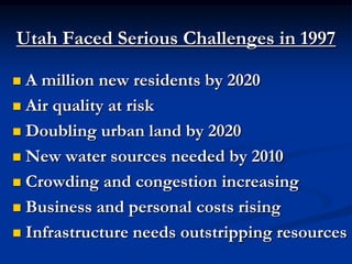 Utah Faced Serious Challenges in 1997 A million new residents by 2020Air quality at riskDoubling urban land by 2020New water sources needed by 2010Crowding and congestion increasingBusiness and personal costs risingInfrastructure needs outstripping resources