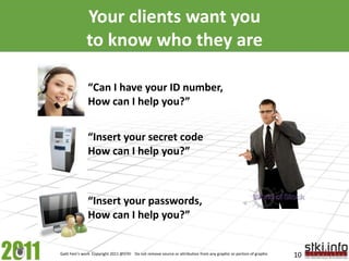 Your clients want you to know who they are<br />“Can I have your ID number,<br />How can I help you?”<br />“Insert your se...