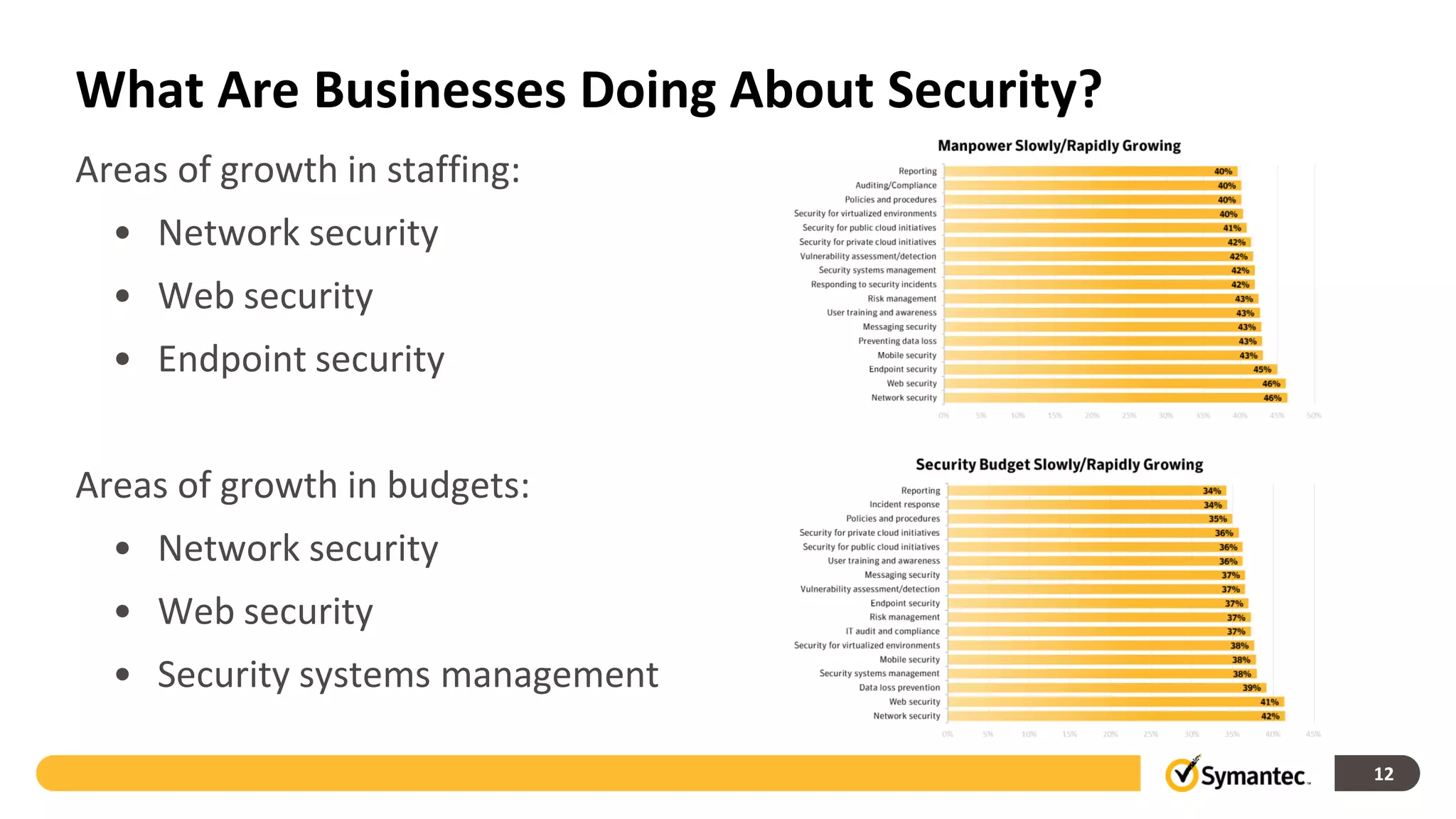 What Are Businesses Doing About Security?
Areas of growth in staffing:
  • Network security
  • Web security
  • Endpoint security


Areas of growth in budgets:
  • Network security
  • Web security
  • Security systems management

                                            12
 