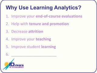 Why Use Learning Analytics?Improve your end-of-course evaluationsHelp with tenure and promotionDecrease attritionImprove your teachingImprove student learning_____________________