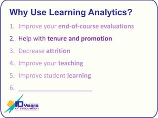 Why Use Learning Analytics?Improve your end-of-course evaluationsHelp with tenure and promotionDecrease attritionImprove your teachingImprove student learning_____________________