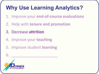 Why Use Learning Analytics?Improve your end-of-course evaluationsHelp with tenure and promotionDecrease attritionImprove your teachingImprove student learning_____________________