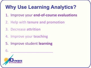 Why Use Learning Analytics?Improve your end-of-course evaluationsHelp with tenure and promotionDecrease attritionImprove your teachingImprove student learning_____________________
