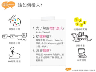 該如何徵人?




視覺設計師     1. 先了解要徵什麼人?                使用者研究員
           Junior? Senior?

          2. 從哪裡徵?
           專家推薦, Hunter, LinkedIn,
互動設計師      學校, 參加UiGathering (台灣?
           大陸?	
  歐美?)                 評估專家

          3. 怎麼篩選?
           學經歷, Portfolio, 向他們以前
           的主管或同事打聽, 個性, 主
UX經理/總監    動積極                          UI工程師



                                     2011台灣使用者經驗設計高峰會
 