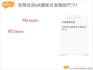 您現在的UX團隊在那個部門下?


      PM team   分組練習答案

                目前有UX團隊是在哪些部
                門下?
RD team




                   2011台灣使用者經驗設計高峰會
 