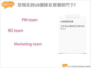 您現在的UX團隊在那個部門下?


      PM team        分組練習答案

                     目前有UX團隊是在哪些部
                     門下?
RD team


  Marke8ng	
  team




                        2011台灣使用者經驗設計高峰會
 