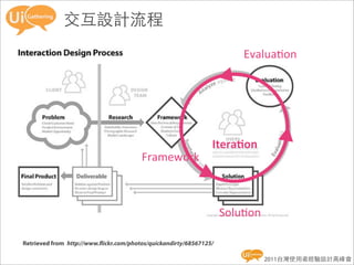 交互設計流程
                                                                         Evalua8on




                                                                 Itera'on
                                         Framework



                                                                     Solu8on

Retrieved from  http://www. ickr.com/photos/quickandirty/68567125/

                                                                               2011台灣使用者經驗設計高峰會
 
