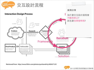 交互設計流程
                                                                          案例分享

                                                                         Evalua8on
                                                                           為什麼交互設計過程會
                                                                          不斷的修正?
                                                                          該怎麼估開發時程?




                                                                 Itera'on
                                         Framework



                                                                     Solu8on

Retrieved from  http://www. ickr.com/photos/quickandirty/68567125/

                                                                               2011台灣使用者經驗設計高峰會
 