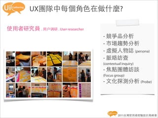 Roles in UX team
         UX團隊中每個角色在做什麼?

使用者研究員 . 用户调研 . User researcher
                                  - 競爭品分析
                                  - 市場趨勢分析
                                  - 虛擬人物誌 (persona)
                                  - 脈絡訪查
                                  (contextual inquiry)
                                  - 焦點團體訪談
                                  (Focus group)
                                  - 文化探測分析 (Probe)




                                           2011台灣使用者經驗設計高峰會
 