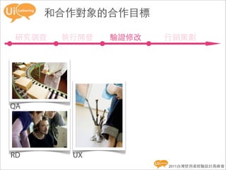 和合作對象的合作目標

研究調查   執行開發   驗證修改   行銷策劃




QA




RD      UX
                     2011台灣使用者經驗設計高峰會
 
