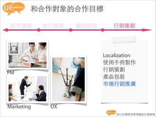 和合作對象的合作目標

 研究調查       執行開發   驗證修改      行銷策劃




                          Localization
                          使用手冊製作
                          行銷策劃
PM
                          產品包裝
                          市場行銷推廣



Marketing    UX
                              2011台灣使用者經驗設計高峰會
 