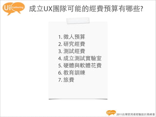 成立UX團隊可能的經費預算有哪些?


    1. 徵人預算
    2. 研究經費
    3. 測試經費
    4. 成立測試實驗室
    5. 硬體與軟體花費
    6. 教育訓練
    7. 旅費




                 2011台灣使用者經驗設計高峰會
 