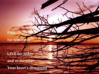 Plan  for tomorrow LIVE for today  and re-member  Your heart’s directions 