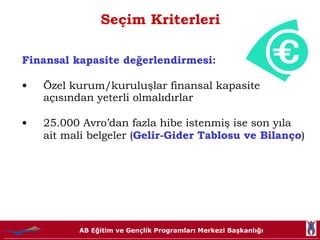 Seçim Kriterleri Finansal kapasite değerlendirmesi: Özel kurum/kuruluşlar finansal kapasite açısından yeterli olmalıdırlar 25.000 Avro’dan fazla hibe istenmiş ise son yıla ait mali belgeler ( Gelir-Gider Tablosu ve Bilanço )  