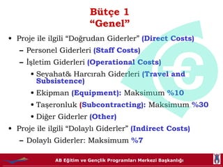 Bütçe 1 “Genel” Proje ile ilgili “Doğrudan Giderler”  (Direct Costs) Personel Giderleri  (Staff Costs) İşletim Giderleri  (Operational Costs) Seyahat& Harcırah Giderleri  (Travel and Subsistence) Ekipman  (Equipment):   Maksimum  %10 Taşeronluk  ( Subcontracting):   Maksimum  %30 Diğer Giderler  (Other) Proje ile ilgili “Dolaylı Giderler”  (Indirect Costs) Dolaylı Giderler: Maksimum  %7 