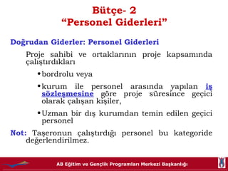 Bütçe- 2 “Personel Giderleri” Doğrudan Giderler: Personel Giderleri Proje sahibi ve ortaklarının proje kapsamında çalıştırdıkları  bordrolu veya kurum ile personel arasında yapılan  iş sözleşmesine  göre proje süresince geçici olarak çalışan kişiler, Uzman bir dış kurumdan temin edilen geçici personel Not:   Taşeronun çalıştırdığı personel bu kategoride değerlendirilmez.  