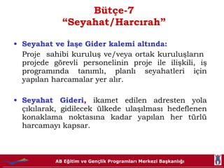 Bütçe-7 “Seyahat/Harcırah” Seyahat ve İaşe Gider kalemi altında: Proje  sahibi kuruluş ve/veya ortak kuruluşların  projede görevli personelinin proje ile ilişkili, iş programında tanımlı, planlı seyahatleri için yapılan harcamalar yer alır. Seyahat Gideri ,   ikamet edilen adresten yola çıkılarak, gidilecek ülkede ulaşılması hedeflenen konaklama noktasına kadar yapılan her türlü harcamayı kapsar. 