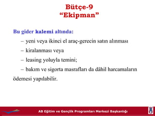 Bütçe-9 “Ekipman” Bu gider  kalemi  altında: yeni veya ikinci el araç-gerecin satın alınması kiralanması veya leasing yoluyla temini;  bakım ve sigorta masrafları da dâhil harcamaların   ödemesi yapılabilir.  