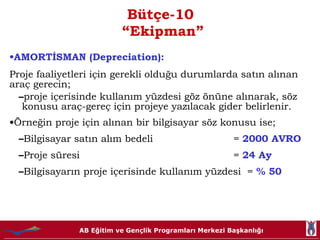 Bütçe-10  “Ekipman” AMORTİSMAN (Depreciation): Proje faaliyetleri için gerekli olduğu durumlarda satın alınan araç gerecin; proje içerisinde kullanım yüzdesi göz önüne alınarak, söz konusu araç-gereç için projeye yazılacak gider belirlenir. Örneğin proje için alınan bir bilgisayar söz konusu ise; Bilgisayar satın alım bedeli  =  2000 AVRO Proje süresi =  24 Ay Bilgisayarın proje içerisinde kullanım yüzdesi  =  % 50 