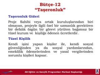 Bütçe-12 “Taşeronluk” Taşeronluk Gideri Proje Sahibi veya ortak kuruluşlarından biri olmayan, projeyle ilgili özel bir uzmanlık gerektiren bir defalık özgün bir görevi yürüten bağımsız bir tüzel kurum ve  kişiliğe ödenen ücretlerdir. Tüzel Kişilik   Kendi işini yapan kişiler ile, kendi sosyal güvenliğinden ya da sosyal yardımlarından, emeklilik ödemelerinden ve yasal vergilerinden sorumlu kişileri kapsar. 