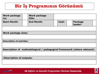 Bir İş Programının Görünümü   Work package no: Work package title: Start Month: End Month: Cost: Package leader: Work package aims: Description of activities:   Description of  methodological / pedagogical framework (where relevant) Description of outputs:  