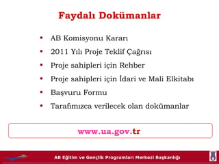 Faydalı Dokümanlar www. ua . g ov . tr   AB Komisyonu Kararı 2011 Yılı Proje Teklif Çağrısı Proje sahipleri için Rehber  Proje sahipleri için İdari ve Mali Elkitabı Başvuru Formu Tarafımızca verilecek olan dokümanlar 