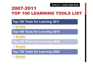 世界百大工具排行資料來源
2007-2011
TOP 100 LEARNING TOOLS LIST
 