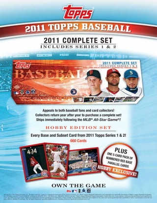 ®




                                 2 0 1 1 T O P P S BA S E B A L L
                                        2011 COMPLETE SET
                                                         INCLUDES SERIES 1 & 2




               SET FEATURES



                                                      Appeals to both baseball fans and card collectors!
                                                 Collectors return year after year to purchase a complete set!
                                                 Ships immediately following the MLB® All-Star Game®!

                                                                 HOBBY EDITION SET

                                          Every Base and Subset Card from 2011 Topps Series 1 & 2!
                                                                 660 Cards

                                                                                                                                                                             PLUS
                                                                                                                                                                 ONE 5-C
                                                                                                                                                                        ARD PA
                                                                                                                                                                NUMBE           CK OF
                                                                                                                                                                       RED RE
                                                                                                                                                                 PARALL       D BASE
                                                                                                                                                                         EL CAR
                                                                                                                                                  HOBB                         DS
                                                                                                                                                      Y EXC
                                                                                                                                                           LUSIV
                                                                                                                                                                E!

                                                                          OWN THE GAME
® & © 2011 The Topps Company, Inc. All rights reserved. Topps is a registered trademark of The Topps Company, Inc. Major League Baseball trademarks and copyrights are used with permission of Major League Baseball Properties,
Inc. Officially Licensed Product of MLBP. Licensed by MLBPA, 2011. Visit MLB.com. ©MLBPA. Official Licensee - Major League Baseball Players Association. Topps does not, in any manner, make any representations as to whether its
cards will attain any future value. Topps has authorized only the packaging and distribution of the number of sequentially numbered cards stated on the card, but cannot guarantee that counterfeit or other unauthorized cards will not
exist. ©2011, Mantle IP Holdings, Ltd. All Rights Reserved. www.MickeyMantle.com. Courtesy of Encore Sports and Entertainment, LLC.
 