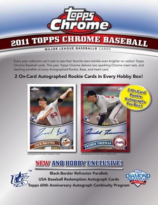 2011 TOPPS CHROME BASEBALL
           EAGUE BASEBALL® C
                           MAJOR L                                     ARDS



Every year collectors can’t wait to see their favorite stars twinkle even brighter on radiant Topps
Chrome Baseball cards. This year, Topps Chrome delivers two sparkling Chrome insert sets, and
dazzling parallels of every Autographed Rookie, Base, and Insert card.

2 On-Card Autographed Rookie Cards in Every Hobby Box!

                                                                                           2 On-C
                                                                                                   ard
                                                                                            Rookie
                                                                                          Autogr
                                                                                                 aph
                                                                                           Per Bo s
                                                                                                  x!




          Autographed Rookie Variation Card        Autographed Rookie Red Parallel Card




                  NEW AND HOBBY EXCLUSIVE!
                                Black-Border Refractor Parallels
                     USA Baseball Redemption Autograph Cards
                                                                                          DIAMOND
                                                                                          ANNIVERSARY
          Topps 60th Anniversary Autograph Continuity Program
 