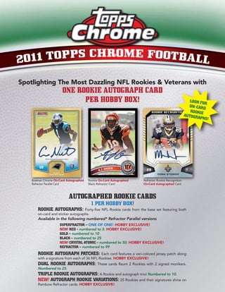 2011 TOPPS CHROME FOOTBALL

Spotlighting The Most Dazzling NFL Rookies & Veterans with
                       ONE ROOKIE AUTOGRAPH CARD
                             PER HOBBY BOX!                                                            LOOK FO
                                                                                                               R
                                                                                                      ON-CAR
                                                                                                              D
                                                                                                       ROOKIE
                                                                                                    AUTOGR
                                                                                                          APHS!




    Bowman Chrome On-Card Autographed   Rookie On-Card Autographed   Refractor Rookie Recognition
    Refractor Parallel Card             Black Refractor Card         On-Card Autographed Card



                           AUTOGRAPHED ROOKIE CARDS
                                         1 PER HOBBY BOX!
       ROOKIE AUTOGRAPHS:          Forty-five NFL Rookie cards from the base set featuring both
       on-card and sticker autographs.
       Available in the following numbered* Refractor Parallel versions
                     SUPERFRACTOR – ONE OF ONE! HOBBY EXCLUSIVE!
                     NEW! RED - numbered to 5. HOBBY EXCLUSIVE!
                     GOLD – numbered to 10
                     BLACK – numbered to 25
                     NEW! CRYSTAL ATOMIC - numbered to 50. HOBBY EXCLUSIVE!
                     REFRACTOR – numbered to 99
       ROOKIE AUTOGRAPH PATCHES: Each card features a vari-colored jersey patch along
       with a signature from each of 36 NFL Rookies. HOBBY EXCLUSIVE!
       DUAL ROOKIE AUTOGRAPHS: These cards flaunt 2 Rookies with 2 signed monikers.
       Numbered to 25.
       TRIPLE ROOKIE AUTOGRAPHS: A Rookie and autograph trio! Numbered to 10.
       NEW! AUTOGRAPH ROOKIE VARIATIONS: 25 Rookies and their signatures shine on
       Rainbow Refractor cards. HOBBY EXCLUSIVE!
 