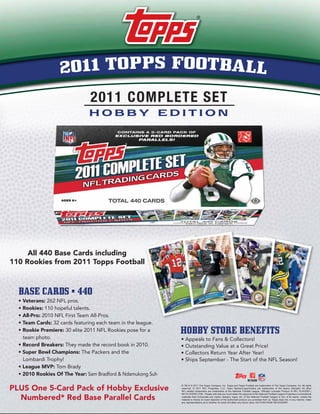 2011 TOPPS FOOTBALL
                               2011 COMPLETE SET
                              HOBBY EDITION




     All 440 Base Cards including
110 Rookies from 2011 Topps Football



  BASE CARDS • 440
  • Veterans: 262 NFL pros.
  • Rookies: 110 hopeful talents.
  • All-Pro: 2010 NFL First Team All-Pros.
  • Team Cards: 32 cards featuring each team in the league.
  • Rookie Premiere: 30 elite 2011 NFL Rookies pose for a     HOBBY STORE BENEFITS
    team photo.                                               • Appeals to Fans & Collectors!
  • Record Breakers: They made the record book in 2010.       • Outstanding Value at a Great Price!
  • Super Bowl Champions: The Packers and the                 • Collectors Return Year After Year!
    Lombardi Trophy!                                          • Ships September - The Start of the NFL Season!
  • League MVP: Tom Brady
  • 2010 Rookies Of The Year: Sam Bradford & Ndamukong Suh

PLUS One 5-Card Pack of Hobby Exclusive
                                                              ® TM & © 2011 The Topps Company, Inc. Topps and Topps Football are trademarks of The Topps Company, Inc. All rights
                                                              reserved. © 2011 NFL Properties, LLC. Team Names/Logos/Indicia are trademarks of the teams indicated. All other
                                                              NFL-related trademarks are trademarks of the National Football League. Officially Licensed Product of NFL PLAYERS |


  Numbered* Red Base Parallel Cards
                                                              NFLPLAYERS.COM. Please note that you must obtain the approval of the National Football League Properties in promotional
                                                              materials that incorporate any marks, designs, logos, etc. of the National Football League or any of its teams, unless the
                                                              material is merely an exact depiction of the authorized product you purchase from us. Topps does not, in any manner, make
                                                              any representations as to whether its cards will attain any future value. NO PURCHASE NECESSARY.
 