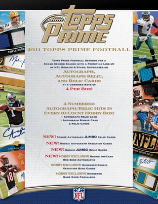 20 1 1 TOP P S P R I M E F O OT BA L L

          Topps Prime Football Returns for a
      Smash Second Season with a Primetime Line-Up
         of NFL Rookies & Stars, Showcased on
                Autograph,
             Autograph Relic,
              and Relic Cards
                 at a Combined Rate of
                   4 Per Box!


             4 Numbered
       Autograph/Relic Hits In
      Every 10-Count Hobby Box!
                 1 Autograph Relic Card
                1 Autograph Rookie Card
                      2 Relic Cards



     NEW! Rookie Autograph JUMBO Relic Cards
       NEW! Rookie Autograph Variation Cards
          NEW! Rookie JUMBO Relic Cards
      NEW! HOBBY EXCLUSIVE Rookie On-Card
                 Red Zone Autographs
          HOBBY EXCLUSIVE Numbered Rookie
                Variation Base Cards
             HOBBY EXCLUSIVE Numbered
                Base Card Parallels
 