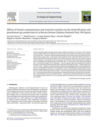 Ecological Engineering 37 (2011) 539–548



                                                                 Contents lists available at ScienceDirect


                                                                 Ecological Engineering
                                                journal homepage: www.elsevier.com/locate/ecoleng




Effects of nitrate contamination and seasonal variation on the denitriﬁcation and
                                                    ˜
greenhouse gas production in La Rocina Stream (Donana National Park, SW Spain)
Germán Tortosa a,∗,1 , David Correa a,1 , A. Juan Sánchez-Raya a , Antonio Delgado b ,
Miguel A. Sánchez-Monedero c , Eulogio J. Bedmar a
a
    Departamento de Microbiología del Suelo y Sistemas Simbióticos, Estación Experimental del Zaidín, CSIC, 18080 Granada, Spain
b
    Departamento de Geoquímica Ambiental, Estación Experimental del Zaidín, CSIC, 18080 Granada, Spain
c
    Departamento de Conservación de Suelos y Agua y Manejo de Residuos Orgánicos, Centro de Edafología y Biología Aplicada del Segura, CSIC, 30100 Murcia, Spain




a r t i c l e           i n f o                          a b s t r a c t

Article history:                                         Climatic inﬂuence (global warming and decreased rainfall) could lead to an increase in the ecological
Received 15 January 2010                                 and toxicological effects of the pollution in aquatic ecosystems, especially contamination from agricul-
Received in revised form 7 June 2010                     tural nitrate (NO3 − ) fertilizers. Physicochemical properties of the surface waters and sediments of four
Accepted 8 June 2010
                                                         selected sites varying in NO3 − concentration along La Rocina Stream, which feeds Marisma del Rocio in
Available online 10 July 2010
                                                             ˜
                                                         Donana National Park (South West, Spain), were studied. Electrical conductivity, pH, content in macro
                                                         and microelements, total organic carbon and nitrogen, and dissolved carbon and nitrogen were affected
Keywords:
                                                         by each sampling site and sampling time. Contaminant NO3 − in surface water at the site with the highest
   ˜
Donana National Park
Surface waters and sediments
                                                         NO3 − concentration (ranged in 61.6–106.6 mg L−1 ) was of inorganic origin, most probably from chemical
Nitrate contamination                                    fertilizers, as determined chemically (90% of the total dissolved nitrogen from NO3 − ) and by isotopic anal-
Greenhouse gases                                         ysis of ı15 N-NO3 − . Changes in seasonal weather conditions and hydrological effects at the sampling sites
Biological activities                                    were also responsible for variations in some biological activities (dehydrogenase, ␤-glucosidase, arylsul-
Denitriﬁcation                                           phatase, acid phosphatase and urease) in sediments, as well as in the production of the greenhouse gases
                                                         CO2 , CH4 and N2 O. Both organic matter and NO3 − contents inﬂuenced rates of gas production. Increased
                                                         NO3 − concentration also resulted in enhanced levels of potential denitriﬁcation measured as N2 O produc-
                                                         tion. The denitriﬁcation process was affected by NO3 − contamination and the rainfall regimen, increasing
                                                         the greenhouse gases emissions (CO2 , CH4 and especially N2 O) during the driest season in all sampling
                                                         sites studied.
                                                                                                                             © 2010 Elsevier B.V. All rights reserved.




1. Introduction                                                                             ronmental problems due to inorganic nitrogen pollution (Camargo
                                                                                            and Alonso, 2006). Furthermore, increasing global warming and
    Anthropogenic inﬂuence on the biogeochemical N cycle can                                decreased rainfall in some continental areas may increase eco-
produce important alterations of the cycle leading to concomitant                           logical and toxicological effects of this type of environmental
environmental risks such as increased concentration of greenhouse                           contamination (Camargo and Alonso, 2006). Abuse in utilization of
gases, acidiﬁcation of soils, streams and lakes, transfer of nitro-                         nitrogenous chemical fertilizers has been shown to enhance emis-
gen through rivers to estuaries and coastal oceans, accelerated                             sion of carbon dioxide (CO2 ), methane (CH4 ), and nitrous oxide
losses of biological diversity and human health and economy prob-                           (N2 O) greenhouse gases (Thornton and Valante, 1996; Merbach
lems (Vitousek et al., 1997; Galloway et al., 2008; Mulholland et                           et al., 1996, 2001; Davidson and Verchot, 2000; Liu and Greaver,
al., 2008). In aquatic ecosystems, water acidiﬁcation, eutrophiza-                          2009). In addition to chemical fertilizers, release of greenhouse
tion, including occurrence of toxic algae, and toxicity of ammonia                          gases to the atmosphere can be induced by changes in precipita-
(NH3 ), nitrite (NO2 − ), and nitrate (NO3 − ) are the three major envi-                    tions, temperature, seasons, drought, regional deforestation, global
                                                                                                                 ˜
                                                                                            warming, and El Nino events (Christensen et al., 1990; Smith et al.,
                                                                                            2003; Davidson et al., 2004).
                                                                                               Wetlands are among the most important ecosystems on Earth
  ∗ Corresponding author at: Departamento de Microbiología del Suelo y Sistemas             because of their role in regulating global biogeochemical cycles.
Simbióticos, Estación Experimental del Zaidín, CSIC, P.O. Box 419, 18080 Granada,           Climate change and anthropogenic effects may have signiﬁcant
Spain. Tel.: +34 958181600x286; fax: +34 958 181609.
    E-mail address: german.tortosa@eez.csic.es (G. Tortosa).
                                                                                            impacts on coastal and inland wetlands (Mitsch and Gosselink,
  1
    G. Tortosa and D. Correa contributed equally to this article.                           2007; Olías et al., 2008). Accordingly, physicochemical and biolog-

0925-8574/$ – see front matter © 2010 Elsevier B.V. All rights reserved.
doi:10.1016/j.ecoleng.2010.06.029
 