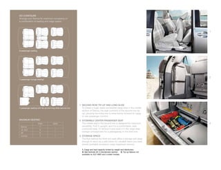 GO CONFIGURE
Arrange your Sienna for maximum occupancy or
a combination of seating and cargo space.
                                        1




                                                                                                                                 1




8-passenger seating




                                                                                                                                 2
7-passenger lounge seating2




                                                            1 SECOND-ROW TIP-UP AND LONG SLIDE
7-passenger seating with tip-up and long-slide second row     To create a huge, easily accessible cargo area in the middle
                                                              section of Sienna, the seat cushions of the second row tip
                                                              up, allowing the entire row to slide farther forward for cargo
                                                                 3

                                                              or rear passenger comfort.
MAXIMUM SEATING                                             2 STOWABLE CENTER PASSENGER SEAT
                      FWD            AWD                      The middle seat in the second row is designed for maximum          3
 Sienna                7               –                      versatility. Fold it upright, and it’s a comfortable, well-
 LE, XLE               8               7                      cushioned seat. Or remove it and store it in the cargo area
                                                              storage compartment for a passageway to the third row.
 SE                    8               –
 Limited               7               7                    3 STORAGE SPACE
                                                              The floor behind the third-row seat offers a storage well deep
                                                              enough to serve as a safe haven for valuable items you want
                                                              stored (available accessory cargo organizers shown).

                                                              1. Cargo and load capacity limited by weight and distribution.
                                                              2. See footnote 30 in Disclaimers section. 3. Tip-up feature not
                                                              available on XLE AWD and Limited models.
 