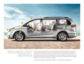 E



                                                   A                                                                        4
                                                                                               2


                                                                                                                                6      5
                                                  D

       B                                                                                      3
                                                                                  1
                                                                                                                                                 7
                                             F

 C
                                                                                                                                                                                                                C




XLE shown in Silver Sky Metallic with available Premium Package. Photo not intended to replicate actual inflated airbags.




       tECHNOLOGY
                                                                                       You serve everyone else’s needs. Isn’t it time somebody served yours? Sienna XLE and Limited use
                                                                                       sonar1 to help you park and sensors to help in other ways. On Sienna Limited, for example, the



           SERVES.
                                                                                       available rain-sensing wipers use a sensor to detect the amount of rainfall and optimally adjust the
                                                                                       wiper interval and speed automatically, helping reduce the effort required by the driver. And of course,
                                                                                       airbag sensors2 stand silent watch over you and your family, ready to deploy Sienna’s seven airbags
                                                                                       as needed in the event of certain types of collisions.

                                                                                       1. Front and rear sonar standard on Limited. Rear sonar available on XLE.   2. See footnote 35 in Disclaimers section.
 