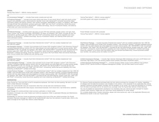 PACkAgeS AnD OPTIOnS
SIennA
Towing Prep Option19 – 3500-lb. towing capacity14

Le
Le Convenience Package15 — includes fixed center console and roof rails                                                  Towing Prep Option19 – 3500-lb. towing capacity14
Le Preferred Package — includes dual power sliding side doors, 8-way power driver’s seat with power lumbar
                      15                                                                                                 Anti-theft system with engine immobilizer14, 38
support and seatback pocket, electrochromic rearview mirror with HomeLink®26 universal transceiver, Multi-
Information Display with backup camera,20 rear window sunshades, AM/FM/MP3 CD player, six speakers, XM® Radio4
(includes 90-day trial subscription), auxiliary audio jack, USB23 port with iPod®2 connectivity, hands-free phone
capability and music streaming via Bluetooth®24 wireless technology, Vacuum Fluorescent Display, and steering
wheel audio and voice-command controls

Se
Se Preferred Package — includes power rear door, tri-zone CFC-free automatic climate control, roof rails, fixed          Power tilt/slide moonroof with sunshade
center console, rear window sunshades, AM/FM/MP3 CD player, six speakers, XM® Radio4 (includes 90-day trial              Towing Prep Option19 – 3500-lb. towing capacity
subscription), auxiliary audio jack, USB23 port with iPod®2 connectivity, hands-free phone capability and music
streaming via Bluetooth®24 wireless technology, Vacuum Fluorescent Display, and steering wheel audio and
voice-command controls

xLe
entertainment Package — includes Dual-View Entertainment Center 28 with two wireless headphones3 and                     xLe Premium Package — includes Dual-View Entertainment Center 28 with two wireless headphones, two 120V AC
                                                                                                                                                                                                                               3

two 120V AC outlets                                                                                                      outlets, voice-activated touch-screen DVD navigation system25 with Panorama Camera,20 including integrated backup
                                                                                                                         camera with two views (regular and wide-angle) and on-screen backup guides, JBL® AM/FM/MP3 4-disc CD changer,
xLe navigation Package — includes voice-activated touch-screen DVD navigation system25 with Panorama Camera,20
                                                                                                                         ten speakers, XM® Radio4 with XM NavTraffic®25 (includes 90-day trial subscriptions), auxiliary audio jack, USB23 port
including integrated backup camera with two views (regular and wide-angle) and on-screen backup guides, JBL®
                                                                                                                         with iPod ®2 connectivity, hands-free phone capability and music streaming via Bluetooth®24 wireless technology,
AM/FM/MP3 4-disc CD changer, ten speakers, XM® Radio4 with XM NavTraffic®25 (includes 90-day trial subscriptions),
                                                                                                                         Smart Key System29 on all doors with Push Button Start and remote illuminated entry, chrome-accented outside
auxiliary audio jack, USB 23 port with iPod ®2 connectivity, hands-free phone capability and music streaming via
                                                                                                                         door handles, rear parking sonar and Safety Connect™18
Bluetooth®24 wireless technology, Smart Key System29 on all doors with Push Button Start and remote illuminated
entry, chrome outside door handles and rear parking sonar

LImITeD
entertainment Package — includes Dual-View Entertainment Center28 with two wireless headphones3 and                      Limited Convenience Package — includes High Intensity Discharge (HID) headlamps with auto on/off feature and
two 120V AC outlets                                                                                                      Automatic High Beam, and rain-sensing washer-linked variable intermittent windshield wipers
                                                                                                                                             13


Limited navigation Package — includes voice-activated touch-screen DVD navigation system25 with Panorama                 Limited Advanced Technology Package32, 45 — includes Dynamic Radar Cruise Control (DRCC), Pre-Collision
                                                                                                                                                                                                                       40

Camera, including integrated backup camera with two views (regular and wide-angle) and on-screen backup guides,
        20                                                                                                               System (PCS),39 Vehicle Dynamics Integrated Management (VDIM),41 and Hill Start Assist Control (HAC)42
JBL® AM/FM/MP3 4-disc CD changer, ten speakers, XM® Radio4 with XM NavTraffic®25 (includes 90-day trial
subscriptions), auxiliary audio jack, USB 23 port with iPod ®2 connectivity, hands-free phone capability and music
streaming via Bluetooth®24 wireless technology
Limited Premium Package — includes Dual-View Entertainment Center 28 with two wireless headphones, two 120V AC
                                                                                                         3

outlets, voice-activated touch-screen DVD navigation system25 with Panorama Camera,20 including integrated backup
camera with two views (regular and wide-angle) and on-screen backup guides, JBL    ® AM/FM/MP3 4-disc CD changer,

ten speakers, XM® Radio4 with XM NavTraffic®25 (includes 90-day trial subscriptions), auxiliary audio jack, USB23 port
with iPod®2 connectivity, hands-free phone capability and music streaming via Bluetooth®24 wireless technology

WArrAnTIeS
Every Toyota Car, Truck and SUV is built to exceptional standards. And that’s not idle boasting. We back it up with      For Genuine Toyota accessories purchased after the new vehicle purchase the coverage is 12 months, regardless
these Limited Warranty Coverages:                                                                                        of mileage, from the date the accessory was installed on the vehicle, or the remainder of any applicable new vehicle
Basic: 36 months/36,000 miles (all components other than normal wear and maintenance items).                             warranty, whichever provides greater coverage, with the exception of car covers. Car covers are warranted for 12 months
                                                                                                                         from the date of purchase and do not assume any coverage under the Toyota New Vehicle Limited Warranty.
Powertrain: 60 months/60,000 miles (engine, transmission/transaxle, front-wheel drive, rear-wheel drive, seatbelts
and airbags).                                                                                                            You may be eligible for transportation assistance if it’s necessary that your vehicle be kept overnight for repairs
                                                                                                                         covered under warranty. Please see your authorized Toyota dealership for further details.
rust-Through: 60 months/unlimited miles (corrosion perforation of sheet metal).
                                                                                                                         For complete details about Toyota’s warranties, please visit www.toyota.com, refer to the applicable Warranty and
emissions: Coverages vary under Federal and California regulations. Refer to applicable Warranty and Maintenance
                                                                                                                         Maintenance Guide or see your Toyota dealer.
Guide for details.
Accessories: For Genuine Toyota accessories purchased at the time of the new vehicle purchase, the Toyota
Accessory Warranty coverage is in effect for 36 months/36,000 miles from the vehicle’s in-service date, which is the
same coverage as the Toyota New Vehicle Limited Warranty.




                                                                                                                                                                                               See numbered footnotes in Disclaimers section.
 