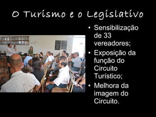 O Turismo e o Legislativo Sensibilização de 33 vereadores; Exposição da função do Circuito Turístico; Melhora da imagem do Circuito. 