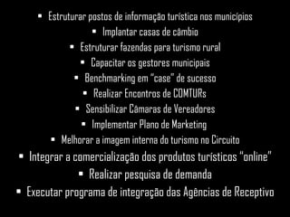 Estruturar postos de informação turística nos municípios Implantar casas de câmbio Estruturar fazendas para turismo rural Capacitar os gestores municipais Benchmarking em “case” de sucesso Realizar Encontros de COMTURs   Sensibilizar Câmaras de Vereadores Implementar Plano de Marketing  Melhorar a imagem interna do turismo no Circuito Integrar a comercialização dos produtos turísticos “online” Realizar pesquisa de demanda Executar programa de integração das Agências de Receptivo 