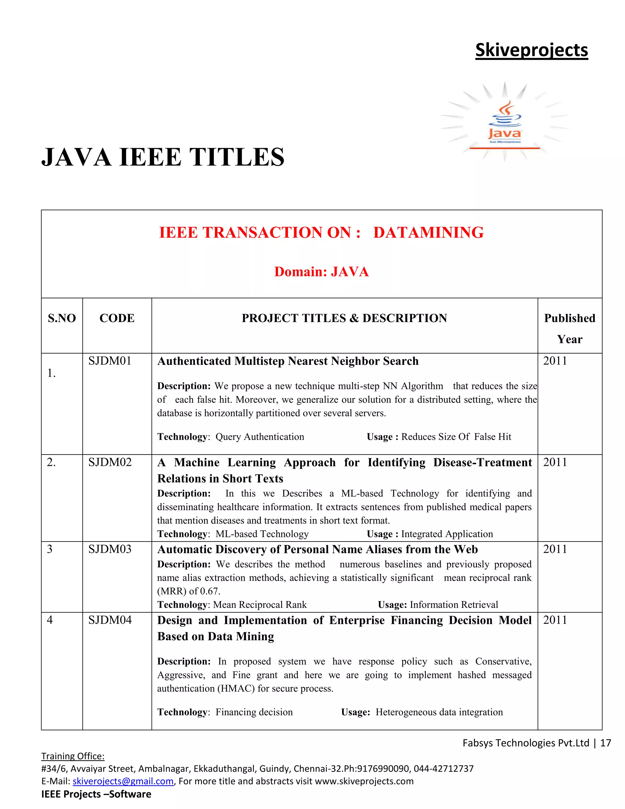 Skiveprojects




JAVA IEEE TITLES

                          IEEE TRANSACTION ON : DATAMINING

                                                      Domain: JAVA


 S.NO        CODE                             PROJECT TITLES & DESCRIPTION                                               Published
                                                                                                                           Year
          SJDM01          Authenticated Multistep Nearest Neighbor Search                                                2011
 1.
                          Description: We propose a new technique multi-step NN Algorithm that reduces the size
                          of each false hit. Moreover, we generalize our solution for a distributed setting, where the
                          database is horizontally partitioned over several servers.

                          Technology: Query Authentication                  Usage : Reduces Size Of False Hit

 2.       SJDM02          A Machine Learning Approach for Identifying Disease-Treatment 2011
                          Relations in Short Texts
                          Description: In this we Describes a ML-based Technology for identifying and
                          disseminating healthcare information. It extracts sentences from published medical papers
                          that mention diseases and treatments in short text format.
                          Technology: ML-based Technology                      Usage : Integrated Application
 3        SJDM03          Automatic Discovery of Personal Name Aliases from the Web                                      2011
                          Description: We describes the method numerous baselines and previously proposed
                          name alias extraction methods, achieving a statistically significant mean reciprocal rank
                          (MRR) of 0.67.
                          Technology: Mean Reciprocal Rank                      Usage: Information Retrieval
 4        SJDM04          Design and Implementation of Enterprise Financing Decision Model 2011
                          Based on Data Mining
                          Description: In proposed system we have response policy such as Conservative,
                          Aggressive, and Fine grant and here we are going to implement hashed messaged
                          authentication (HMAC) for secure process.

                          Technology: Financing decision              Usage: Heterogeneous data integration


                                                                                                   Fabsys Technologies Pvt.Ltd | 17
Training Office:
#34/6, Avvaiyar Street, Ambalnagar, Ekkaduthangal, Guindy, Chennai-32.Ph:9176990090, 044-42712737
E-Mail: skiverojects@gmail.com, For more title and abstracts visit www.skiveprojects.com
IEEE Projects –Software
 