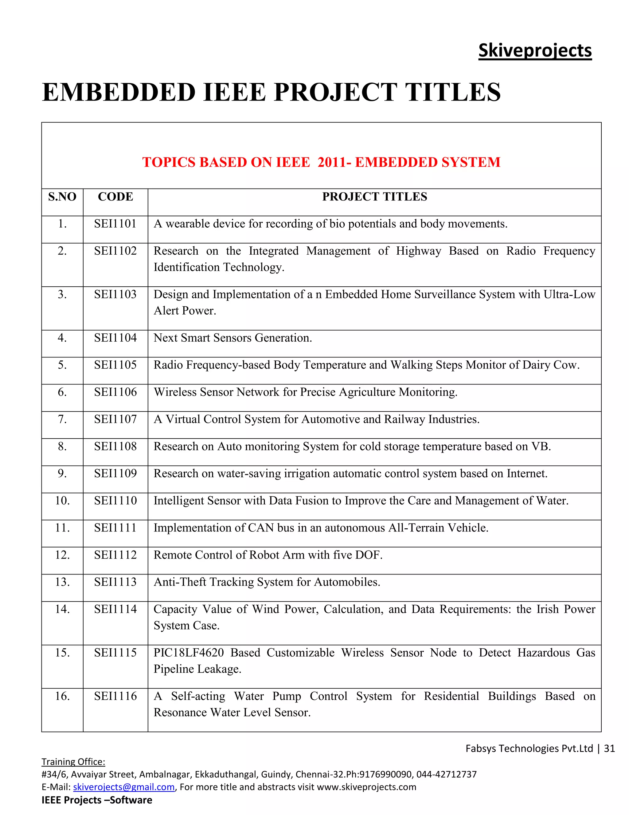 Skiveprojects

EMBEDDED IEEE PROJECT TITLES

                      TOPICS BASED ON IEEE 2011- EMBEDDED SYSTEM

 S.NO       CODE                                              PROJECT TITLES

   1.      SEI1101        A wearable device for recording of bio potentials and body movements.

   2.      SEI1102        Research on the Integrated Management of Highway Based on Radio Frequency
                          Identification Technology.

   3.      SEI1103        Design and Implementation of a n Embedded Home Surveillance System with Ultra-Low
                          Alert Power.

   4.      SEI1104        Next Smart Sensors Generation.

   5.      SEI1105        Radio Frequency-based Body Temperature and Walking Steps Monitor of Dairy Cow.

   6.      SEI1106        Wireless Sensor Network for Precise Agriculture Monitoring.

   7.      SEI1107        A Virtual Control System for Automotive and Railway Industries.

   8.      SEI1108        Research on Auto monitoring System for cold storage temperature based on VB.

   9.      SEI1109        Research on water-saving irrigation automatic control system based on Internet.

  10.      SEI1110        Intelligent Sensor with Data Fusion to Improve the Care and Management of Water.

  11.      SEI1111        Implementation of CAN bus in an autonomous All-Terrain Vehicle.

  12.      SEI1112        Remote Control of Robot Arm with five DOF.

  13.      SEI1113        Anti-Theft Tracking System for Automobiles.

  14.      SEI1114        Capacity Value of Wind Power, Calculation, and Data Requirements: the Irish Power
                          System Case.

  15.      SEI1115        PIC18LF4620 Based Customizable Wireless Sensor Node to Detect Hazardous Gas
                          Pipeline Leakage.

  16.      SEI1116        A Self-acting Water Pump Control System for Residential Buildings Based on
                          Resonance Water Level Sensor.

                                                                                              Fabsys Technologies Pvt.Ltd | 31
Training Office:
#34/6, Avvaiyar Street, Ambalnagar, Ekkaduthangal, Guindy, Chennai-32.Ph:9176990090, 044-42712737
E-Mail: skiverojects@gmail.com, For more title and abstracts visit www.skiveprojects.com
IEEE Projects –Software
 
