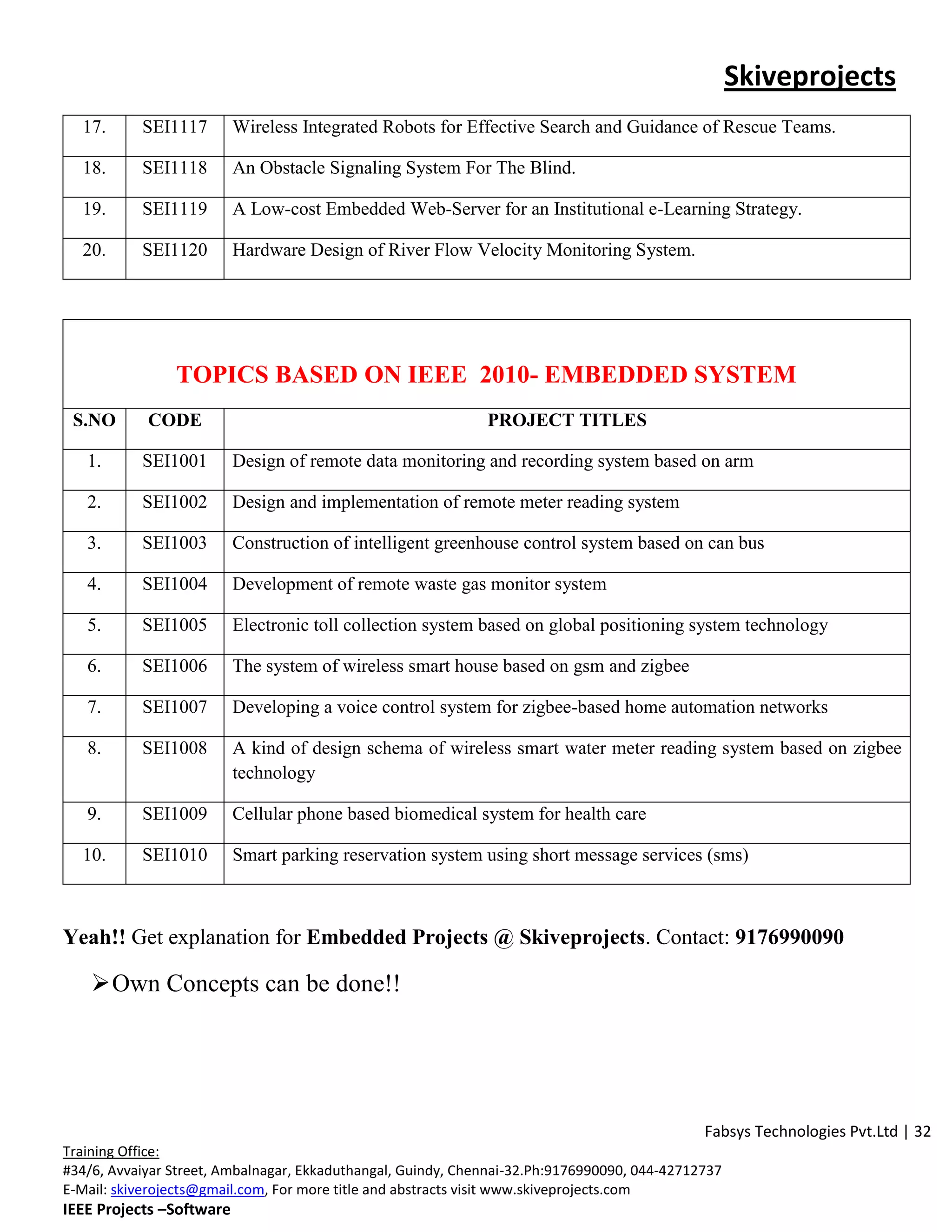 Skiveprojects
  17.      SEI1117        Wireless Integrated Robots for Effective Search and Guidance of Rescue Teams.

  18.      SEI1118        An Obstacle Signaling System For The Blind.

  19.      SEI1119        A Low-cost Embedded Web-Server for an Institutional e-Learning Strategy.

  20.      SEI1120        Hardware Design of River Flow Velocity Monitoring System.




                TOPICS BASED ON IEEE 2010- EMBEDDED SYSTEM
 S.NO       CODE                                              PROJECT TITLES

   1.      SEI1001        Design of remote data monitoring and recording system based on arm

   2.      SEI1002        Design and implementation of remote meter reading system

   3.      SEI1003        Construction of intelligent greenhouse control system based on can bus

   4.      SEI1004        Development of remote waste gas monitor system

   5.      SEI1005        Electronic toll collection system based on global positioning system technology

   6.      SEI1006        The system of wireless smart house based on gsm and zigbee

   7.      SEI1007        Developing a voice control system for zigbee-based home automation networks

   8.      SEI1008        A kind of design schema of wireless smart water meter reading system based on zigbee
                          technology

   9.      SEI1009        Cellular phone based biomedical system for health care

  10.      SEI1010        Smart parking reservation system using short message services (sms)



Yeah!! Get explanation for Embedded Projects @ Skiveprojects. Contact: 9176990090

     Own Concepts can be done!!




                                                                                              Fabsys Technologies Pvt.Ltd | 32
Training Office:
#34/6, Avvaiyar Street, Ambalnagar, Ekkaduthangal, Guindy, Chennai-32.Ph:9176990090, 044-42712737
E-Mail: skiverojects@gmail.com, For more title and abstracts visit www.skiveprojects.com
IEEE Projects –Software
 
