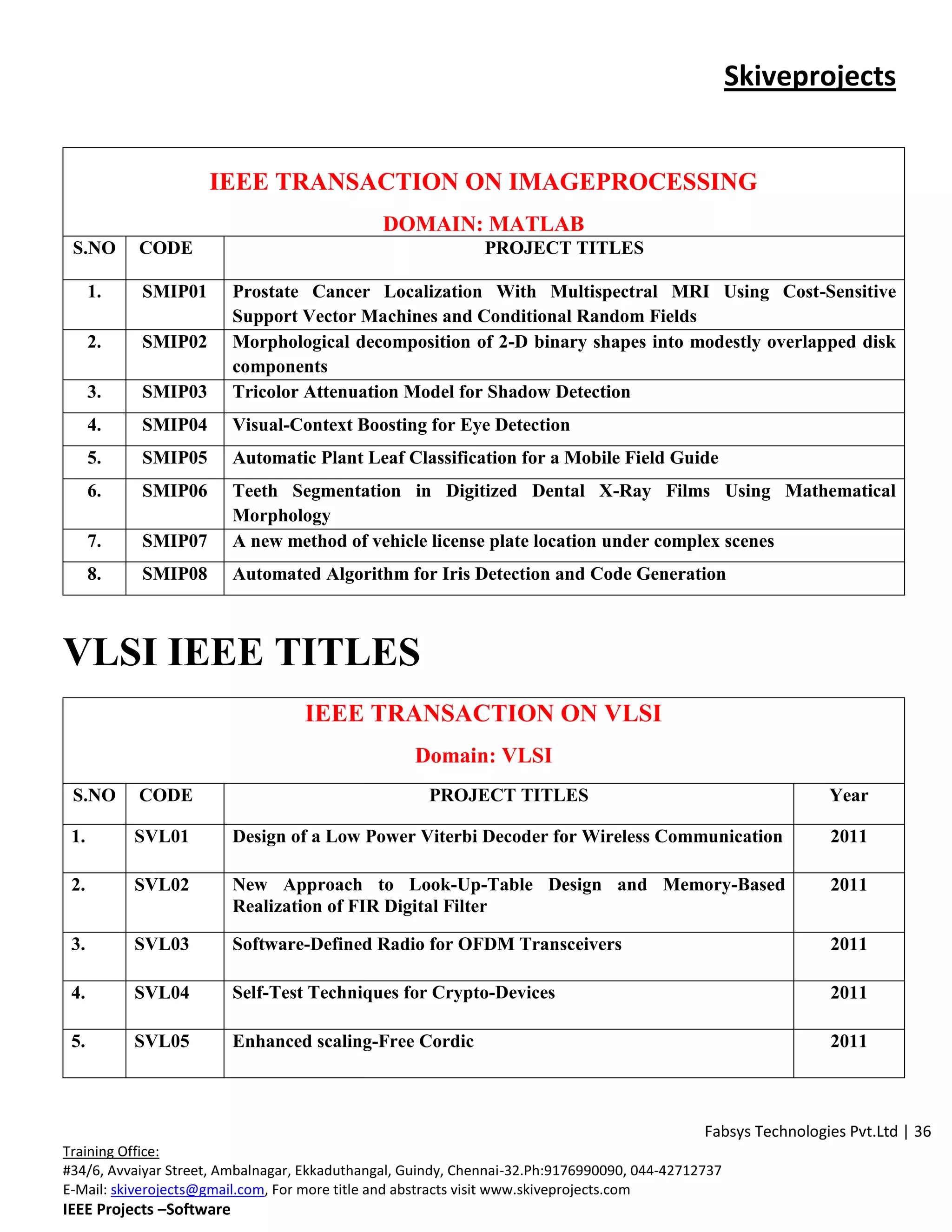 Skiveprojects


                     IEEE TRANSACTION ON IMAGEPROCESSING
                                               DOMAIN: MATLAB
 S.NO      CODE                                               PROJECT TITLES

      1.   SMIP01         Prostate Cancer Localization With Multispectral MRI Using Cost-Sensitive
                          Support Vector Machines and Conditional Random Fields
      2.   SMIP02         Morphological decomposition of 2-D binary shapes into modestly overlapped disk
                          components
      3.   SMIP03         Tricolor Attenuation Model for Shadow Detection
      4.   SMIP04         Visual-Context Boosting for Eye Detection
      5.   SMIP05         Automatic Plant Leaf Classification for a Mobile Field Guide
      6.   SMIP06         Teeth Segmentation in Digitized Dental X-Ray Films Using Mathematical
                          Morphology
      7.   SMIP07         A new method of vehicle license plate location under complex scenes
      8.   SMIP08         Automated Algorithm for Iris Detection and Code Generation



VLSI IEEE TITLES
                                   IEEE TRANSACTION ON VLSI
                                                   Domain: VLSI
 S.NO      CODE                                      PROJECT TITLES                                            Year

 1.        SVL01          Design of a Low Power Viterbi Decoder for Wireless Communication                     2011

 2.        SVL02          New Approach to Look-Up-Table Design and Memory-Based                                2011
                          Realization of FIR Digital Filter

 3.        SVL03          Software-Defined Radio for OFDM Transceivers                                         2011

 4.        SVL04          Self-Test Techniques for Crypto-Devices                                              2011

 5.        SVL05          Enhanced scaling-Free Cordic                                                         2011



                                                                                              Fabsys Technologies Pvt.Ltd | 36
Training Office:
#34/6, Avvaiyar Street, Ambalnagar, Ekkaduthangal, Guindy, Chennai-32.Ph:9176990090, 044-42712737
E-Mail: skiverojects@gmail.com, For more title and abstracts visit www.skiveprojects.com
IEEE Projects –Software
 