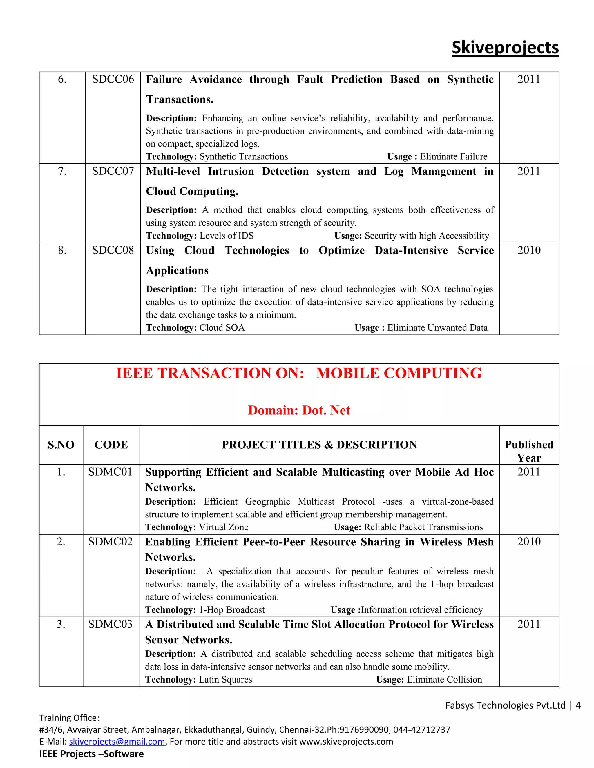 Skiveprojects
    6.      SDCC06        Failure Avoidance through Fault Prediction Based on Synthetic                              2011
                          Transactions.
                          Description: Enhancing an online service’s reliability, availability and performance.
                          Synthetic transactions in pre-production environments, and combined with data-mining
                          on compact, specialized logs.
                          Technology: Synthetic Transactions                          Usage : Eliminate Failure
    7.      SDCC07        Multi-level Intrusion Detection system and Log Management in                               2011
                          Cloud Computing.
                          Description: A method that enables cloud computing systems both effectiveness of
                          using system resource and system strength of security.
                          Technology: Levels of IDS                       Usage: Security with high Accessibility
    8.      SDCC08        Using Cloud Technologies to Optimize Data-Intensive Service                                2010
                          Applications
                          Description: The tight interaction of new cloud technologies with SOA technologies
                          enables us to optimize the execution of data-intensive service applications by reducing
                          the data exchange tasks to a minimum.
                          Technology: Cloud SOA                               Usage : Eliminate Unwanted Data



                  IEEE TRANSACTION ON: MOBILE COMPUTING

                                                   Domain: Dot. Net

 S.NO        CODE                            PROJECT TITLES & DESCRIPTION                   Published
                                                                                              Year
    1.     SDMC01         Supporting Efficient and Scalable Multicasting over Mobile Ad Hoc   2011
                          Networks.
                          Description: Efficient Geographic Multicast Protocol -uses a virtual-zone-based
                          structure to implement scalable and efficient group membership management.
                          Technology: Virtual Zone                         Usage: Reliable Packet Transmissions
    2.     SDMC02         Enabling Efficient Peer-to-Peer Resource Sharing in Wireless Mesh                          2010
                          Networks.
                          Description: A specialization that accounts for peculiar features of wireless mesh
                          networks: namely, the availability of a wireless infrastructure, and the 1-hop broadcast
                          nature of wireless communication.
                          Technology: 1-Hop Broadcast                    Usage :Information retrieval efficiency
    3.     SDMC03         A Distributed and Scalable Time Slot Allocation Protocol for Wireless                      2011
                          Sensor Networks.
                          Description: A distributed and scalable scheduling access scheme that mitigates high
                          data loss in data-intensive sensor networks and can also handle some mobility.
                          Technology: Latin Squares                                   Usage: Eliminate Collision

                                                                                                     Fabsys Technologies Pvt.Ltd | 4
Training Office:
#34/6, Avvaiyar Street, Ambalnagar, Ekkaduthangal, Guindy, Chennai-32.Ph:9176990090, 044-42712737
E-Mail: skiverojects@gmail.com, For more title and abstracts visit www.skiveprojects.com
IEEE Projects –Software
 