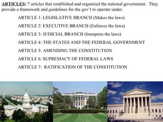 ARTICLES :  7 articles that established and organized the national government.  They provide a framework and guidelines for the gov’t to operate under. ARTICLE 1: LEGISLATIVE BRANCH (Makes the laws) ARTICLE 2: EXECUTIVE BRANCH (Enforces the laws) ARTICLE 3: JUDICIAL BRANCH (Interprets the laws) ARTICLE 4: THE STATES AND THE FEDERAL GOVERNMENT ARTICLE 5: AMENDING THE CONSTITUTION ARTICLE 6: SUPREMACY OF FEDERAL LAWS ARTICLE 7:  RATIFICATION OF THE CONSTITUTION 